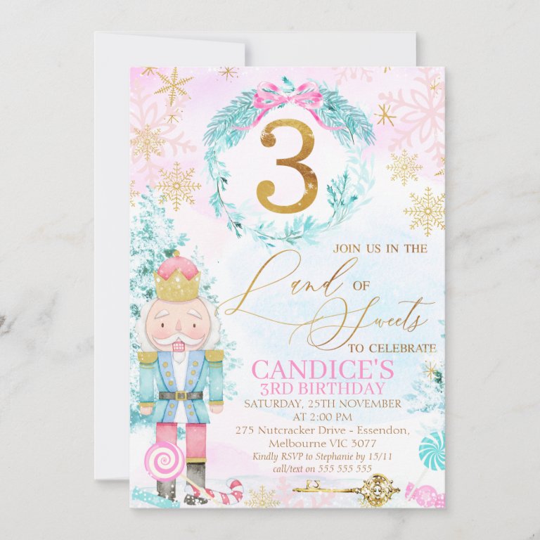 Gold Three Land of Sweets Nutcracker Birthday Invitation