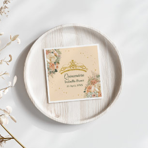 Gold Tiara and Peach Fuzz Floral Quinceanera Napkins