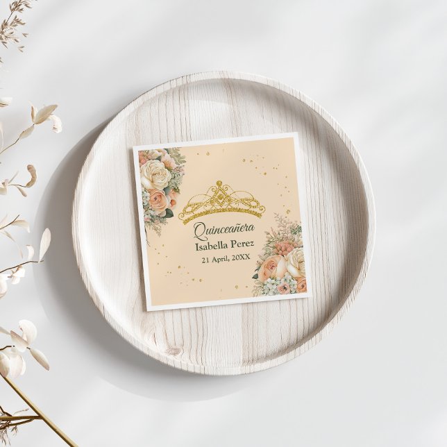 Gold Tiara and Peach Fuzz Floral Quinceanera Napkins (Gold Tiara and Peach Fuzz Floral Quinceanera Napkins on white table with neutral flowers.)