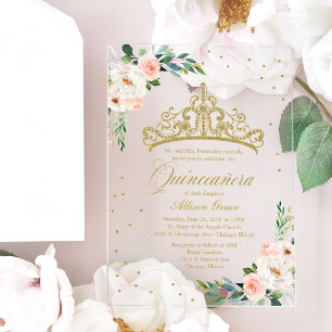 Gold Tiara Blush Flowers Quinceañera Acrylic Invitations
