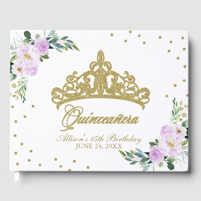 Gold Tiara Blush Purple Lilac Floral Quinceanera Guest Book (Front)