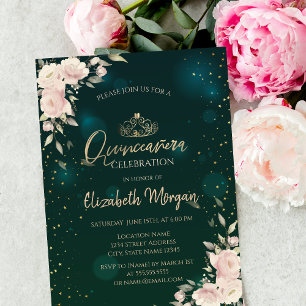 Gold Tiara,Boho Flowers Green Quinceañera Invitation