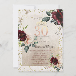Gold Tiara,Burgundy Flowers 30th Birthday Invitation