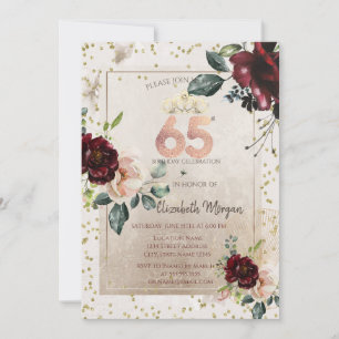 Gold Tiara,Burgundy Flowers 65th Birthday Invitation