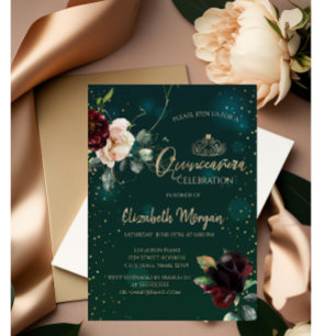 Gold Tiara,Burgundy Flowers Green Quinceañera Invitation