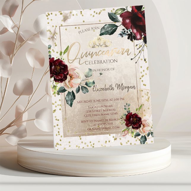 Gold Tiara,Burgundy Flowers Quinceañera  Invitation (Creator Uploaded)