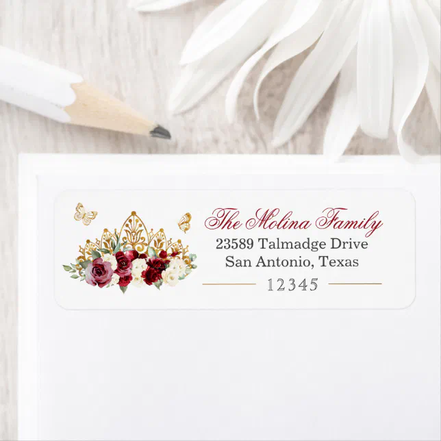 Gold Tiara Burgundy Red Flor Return Address Label | Zazzle