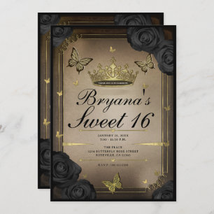 Gold Tiara Butterflies Black Roses Sweet 16 Photo Invitation
