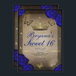 Gold Tiara Butterflies Blue Roses Sweet 16  Invitation<br><div class="desc">Customize any way you want.

Replace the photo on the back with your own photo or remove the photo all together.</div>