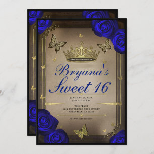 Gold Tiara Butterflies Blue Roses Sweet 16  Invitation