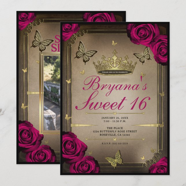 Gold Tiara Butterflies Magenta Roses Sweet 16  Invitation (Front/Back)