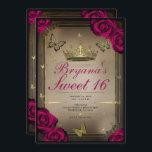 Gold Tiara Butterflies Magenta Roses Sweet 16  Invitation<br><div class="desc">Customize any way you want.

Replace the photo on the back with your own photo or remove the photo all together.</div>