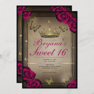 Gold Tiara Butterflies Magenta Roses Sweet 16 Invitation
