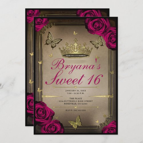 Gold Tiara Butterflies Magenta Roses Sweet 16  Invitation