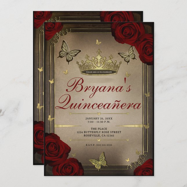 Gold Tiara Butterflies Maroon Roses Quinceañera Invitation (Front/Back)