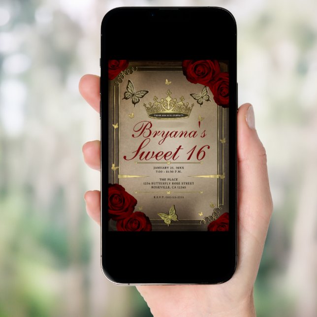 Gold Tiara Butterflies Maroon Roses Sweet 16 Photo Invitation (Front Digital)