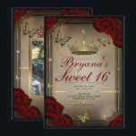 Gold Tiara Butterflies Maroon Roses Sweet 16 Photo Invitation<br><div class="desc">Customize any way you want.

Replace the photo on the back with your own photo or remove the photo all together.</div>