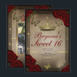 Gold Tiara Butterflies Maroon Roses Sweet 16 Photo Invitation<br><div class="desc">Customize any way you want.

Replace the photo on the back with your own photo or remove the photo all together.</div>
