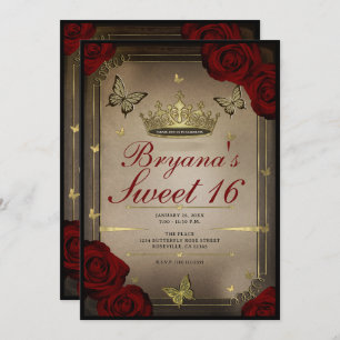 Gold Tiara Butterflies Maroon Roses Sweet 16 Photo Invitation