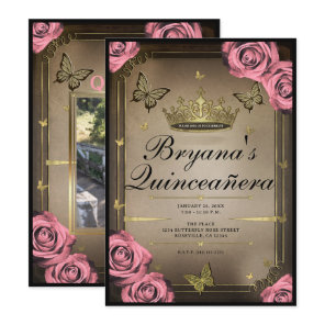Gold Tiara Butterflies Pink Roses Quinceañera  Invitation