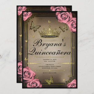 Gold Tiara Butterflies Pink Roses Quinceañera Invitation