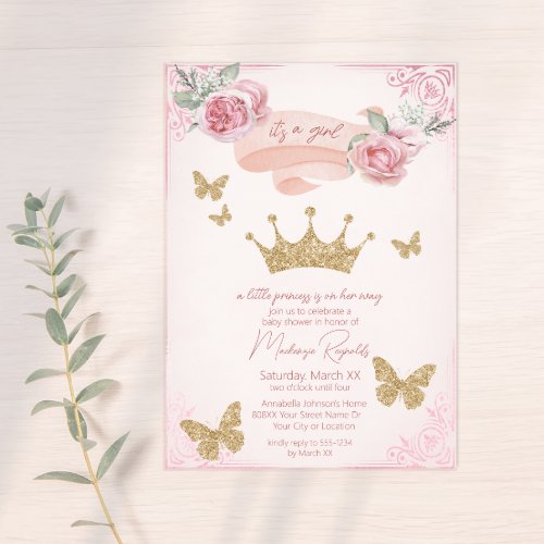 Gold Tiara  Butterflies Princess Baby Shower Invitation