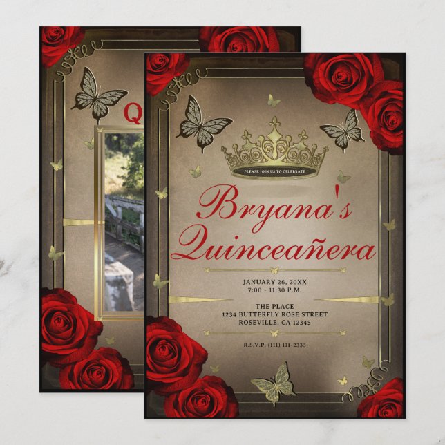 Gold Tiara Butterflies Red Roses Quinceañera Photo Invitation (Front/Back)