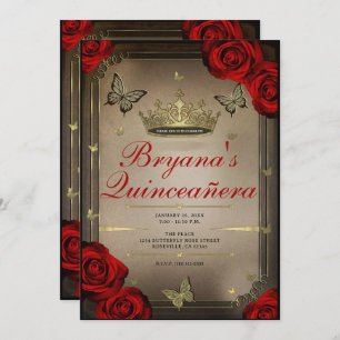 Gold Tiara Butterflies Red Roses Quinceañera Photo Invitation