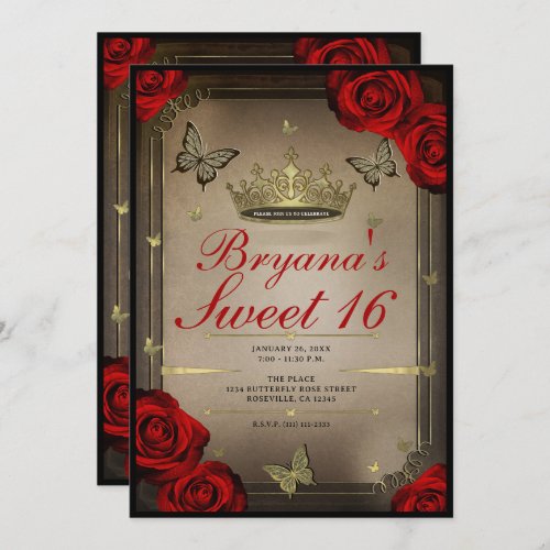 Gold Tiara Butterflies  Red Roses Sweet 16 Photo Invitation