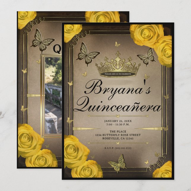 Gold Tiara Butterflies Yellow Roses Quinceañera  Invitation (Front/Back)