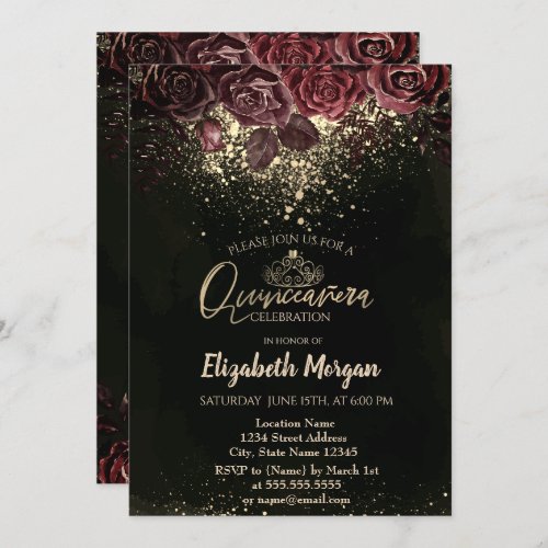 Gold Tiara Confetti Burgundy Flowers Quinceaera Invitation