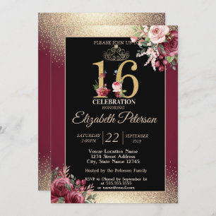 Gold Tiara Confetti Burgundy Sweet 16 Party Invitation