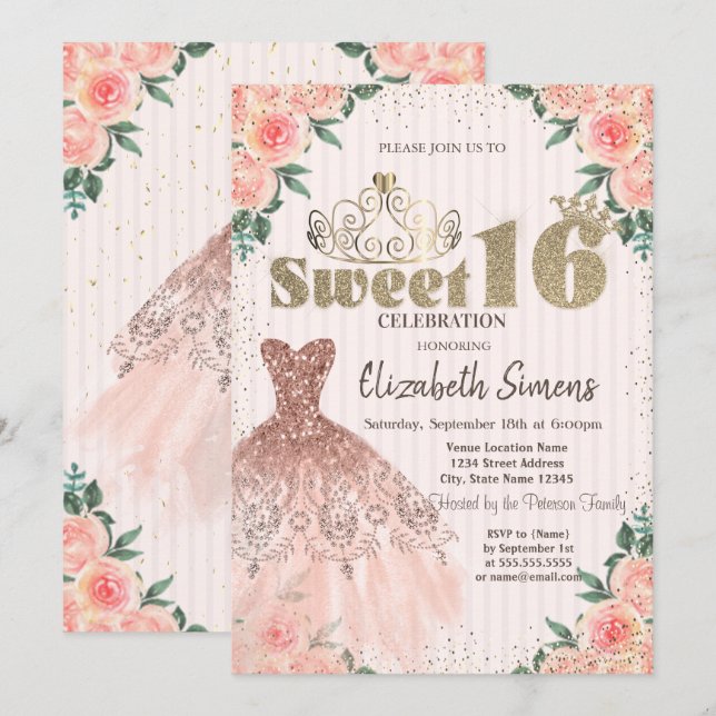 Gold Tiara,Confetti,Dress,Striped Floral Sweet 16 Invitation (Front/Back)