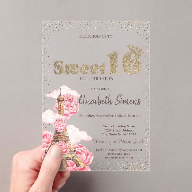 Gold Tiara,Confetti,Eiffel Tower Striped Sweet 16 Acrylic Invitations (Insitu (Handheld))