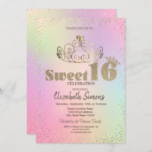 Gold Tiara Confetti Princess Holographic Sweet 16 Invitation
