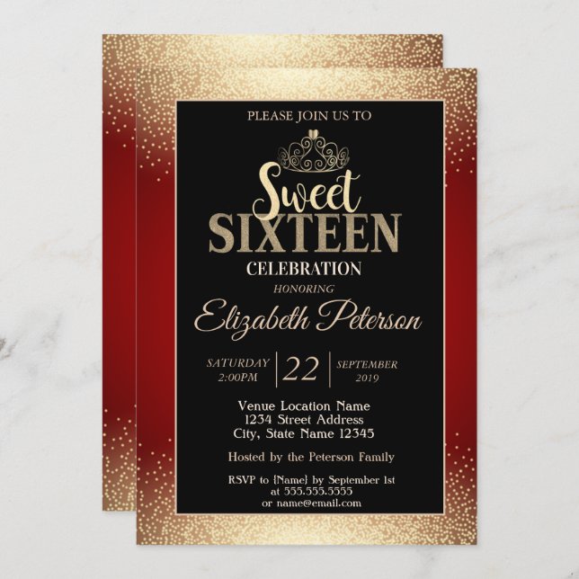 Gold Tiara Confetti,Red Sweet 16 Party Invitation (Front/Back)