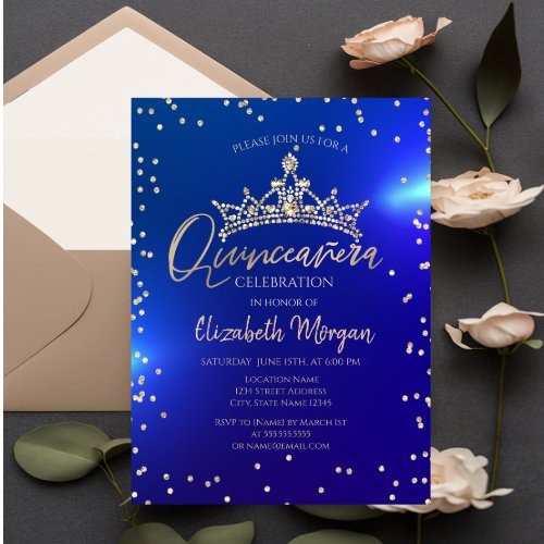 Gold Tiara Diamonds Blue Quinceaera Invitation