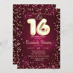 Gold Tiara,Diamonds Burgundy Sweet 16 Party Invitation