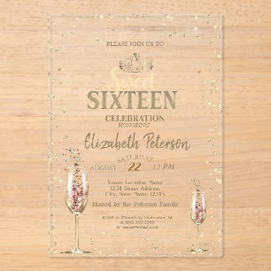 Gold Tiara,Diamonds Champagne Glass Sweet 16 Acrylic Invitations