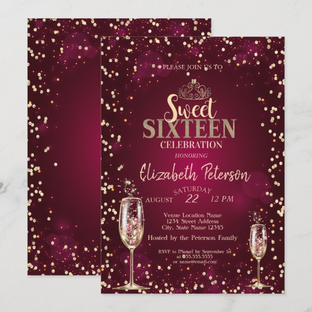 Gold Tiara,Diamonds Champagne Glass Sweet 16 Invitation (Front/Back)