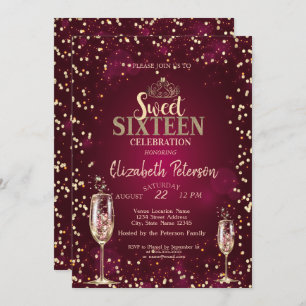 Gold Tiara,Diamonds Champagne Glass Sweet 16 Invitation