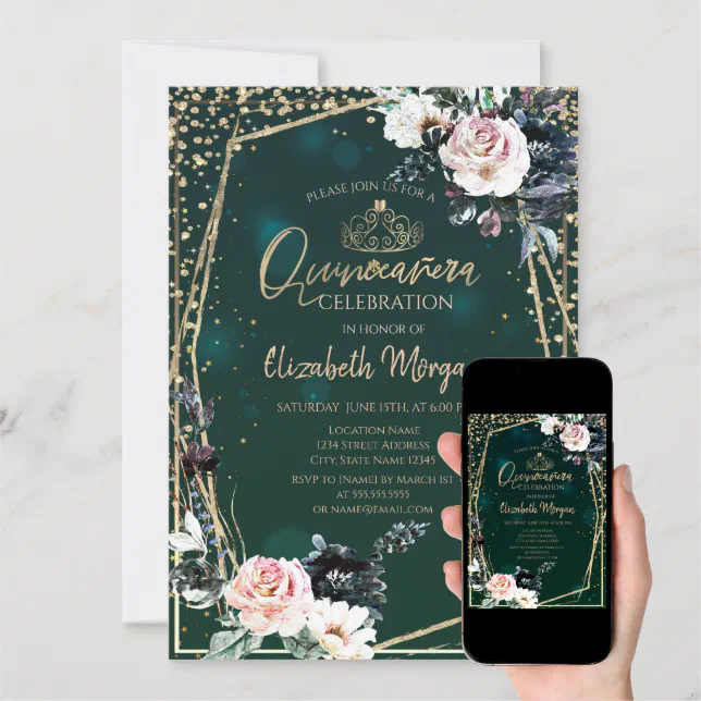 Gold Tiaradiamonds Chic Flowers Quinceañera Invitation Zazzle 8455