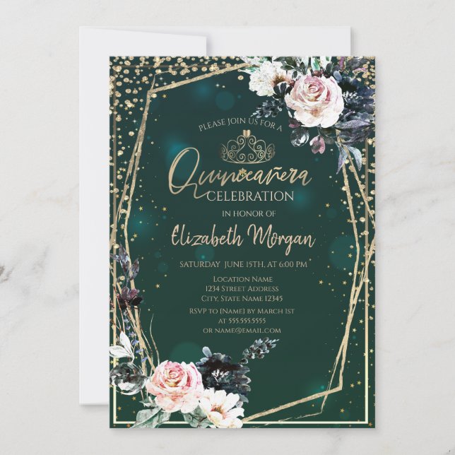 Gold Tiara,Diamonds Chic Flowers Quinceañera  Invitation (Front)