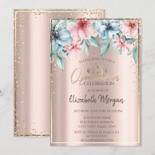 Gold Tiara,Diamonds,Floral Rose Gold Quinceañera  Invitation
