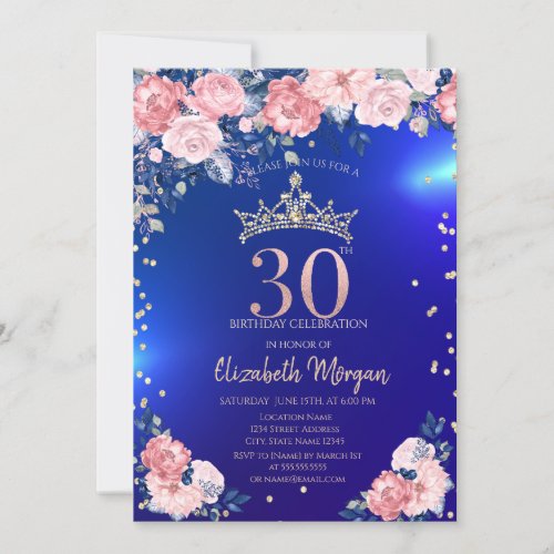 Gold Tiara Diamonds Flowers Blue 30th Birthday Invitation