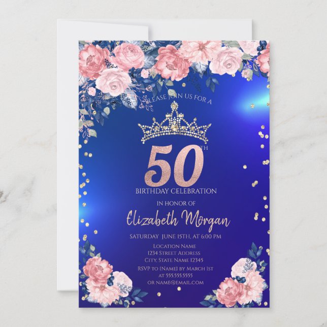 Gold Tiara Diamonds Flowers Blue 50th Birthday Invitation (Front)