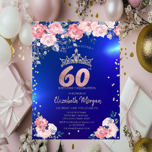 Gold Tiara Diamonds Flowers Blue 60th Birthday Invitation