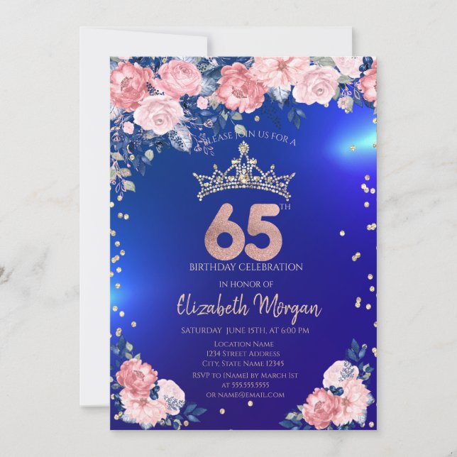 Gold Tiara Diamonds Flowers Blue 65th Birthday Invitation (Front)