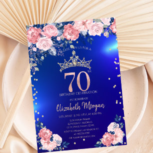 Gold Tiara Diamonds Flowers Blue 70th Birthday Invitation