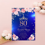 Gold Tiara Diamonds Flowers Blue 80th Birthday Invitation<br><div class="desc">Gold tiara,  roses,  and diamonds on a blue background.</div>